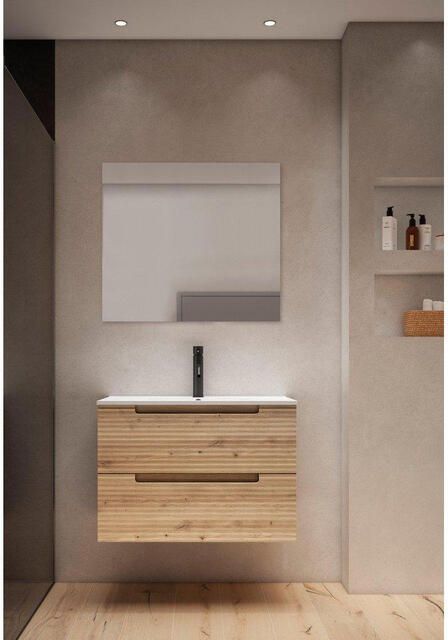 Saniclass Prime Balance Badkamermeubelset 80x55x45cm 1 rechthoekige keramische wasbak wit 1 kraangat 2 lades rechthoekige spiegel rustiek eiken SW724611 SW804531 SW1027167