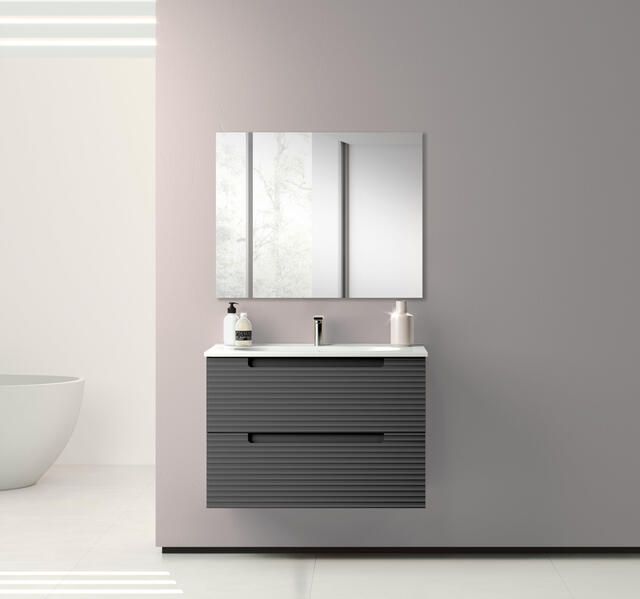 Saniclass Prime Balance Badkamermeubelset 80x55x45cm 1 rechthoekige keramische wasbak wit 1 kraangat 2 lades rechthoekige spiegel mat antraciet SW892622 SW804531 SW724611