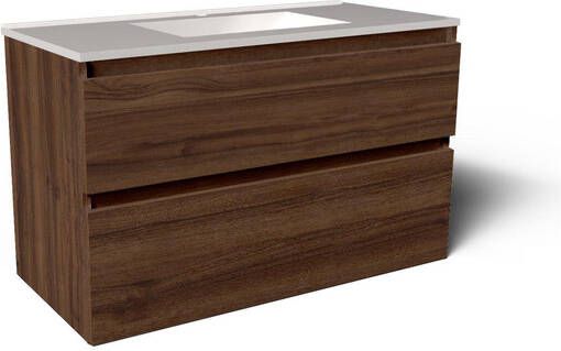 Saniclass Vita Badkamermeubelset 100x60x46cm -2 lades greeploos 1 wasbak 1 kraangat overloop keramiek noten SW1413852 SW804532