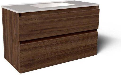 Saniclass Vita Badkamermeubelset 100x60x46cm 2 lades greeploos 1 wasbak zonder kraangaten overloop keramiek noten SW1413852 SW773927