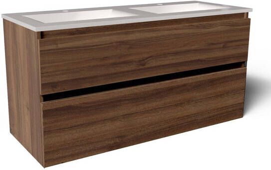 Saniclass Vita Badkamermeubelset 120x60x46cm -2 lades greeploos 1 wasbak 2 kraangaten overloop keramiek noten SW1413856 SW804533