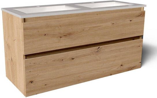 Saniclass Vita Badkamermeubelset 120x60x46cm -2 lades greeploos 1 wasbak 2 kraangaten overloop keramiek rustiek eiken SW1413860 SW804533