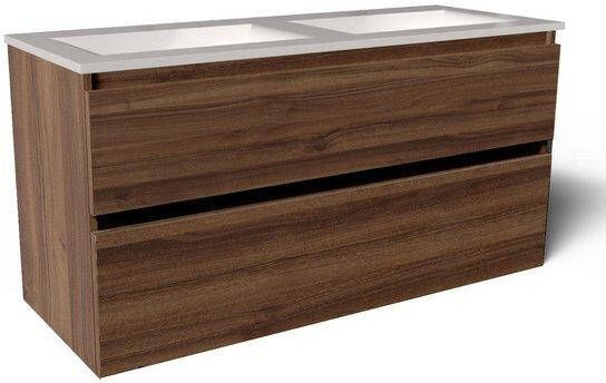 Saniclass Vita Badkamermeubelset 120x60x46cm 2 lades greeploos 1 wasbak zonder kraangaten overloop keramiek noten SW1413856 SW773928