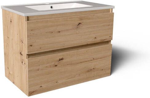 Saniclass Vita Badkamermeubelset 80x60x46cm -2 lades greeploos 1 wasbak 1 kraangat overloop keramiek rustiek eiken SW1413849 SW804531
