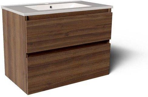 Saniclass Vita Badkamermeubelset 80x60x46cm -2 lades greeploos 1 wasbak 1 kraangat overloop keramiek noten SW804531 SW1413848