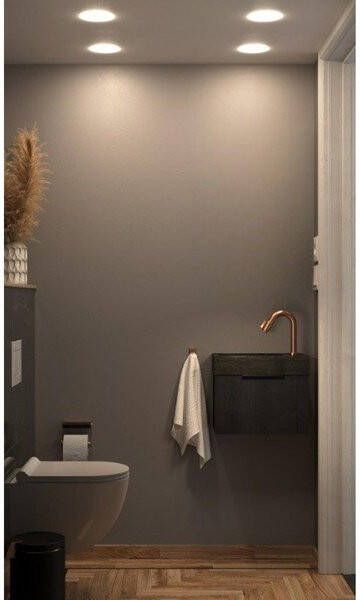Sjithouse Furniture fonteinset 40.5x22x35cm met hardsteen fonteinbak en 1 deur hout neto inclusief kraan sifon afvoerplug en spiegel koper