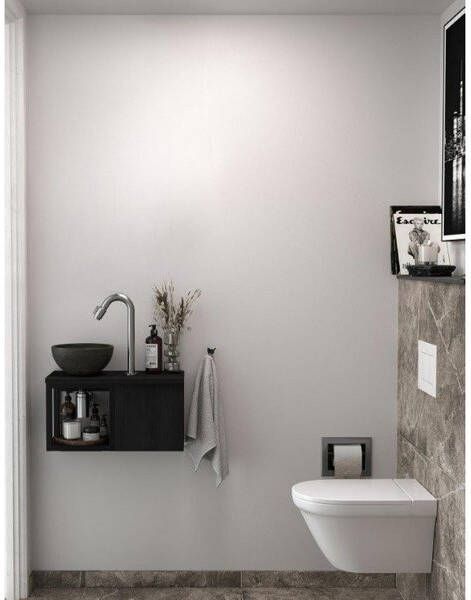 Sjithouse Furniture fonteinset 50x22.5x63.4cm compleet met hardsteen waskom kraan afvoerplug en sifon RVS incl spiegel met verlichting zwart mat