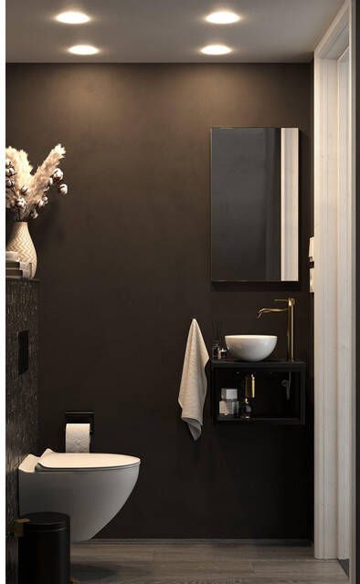 Sjithouse Furniture fonteinset met witte waskom 26.5 inclusief afvoer sifon en kraan en spiegel messing goud