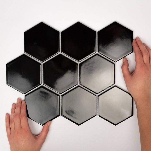 The Mosaic Factory Barcelona mozaïektegel 25.6x29.6cm wandtegel Zeshoek Hexagon Porselein Black Glans AFH95317