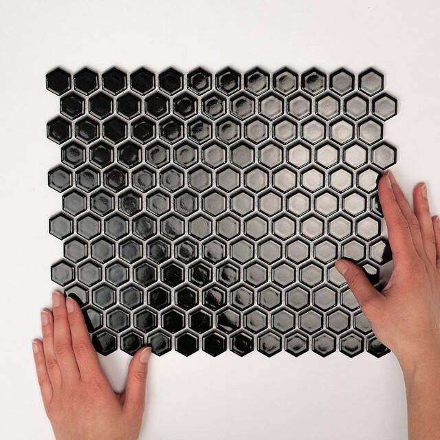 The Mosaic Factory Barcelona mozaïektegel 26x30cm wandtegel Zeshoek Hexagon Porselein Black Glans AFH23317