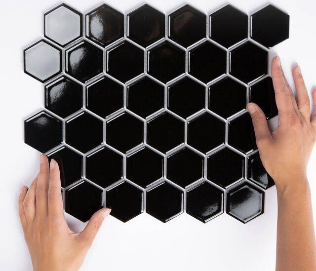 The Mosaic Factory Barcelona mozaïektegel 28.2x32.1cm wandtegel Zeshoek Hexagon Porselein Black Glans AFH13317