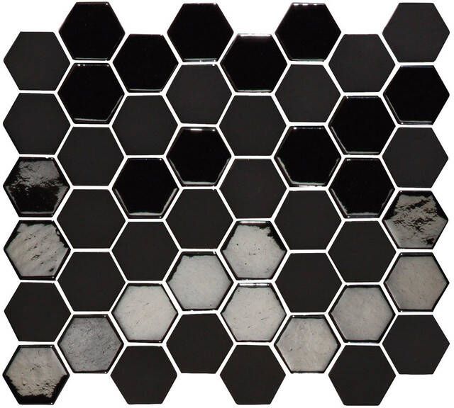 The Mosaic Factory Valencia mozaïektegel 27.6x32.9cm wandtegel Zeshoek Hexagon Gerecycled glas Black mat glans VAL920