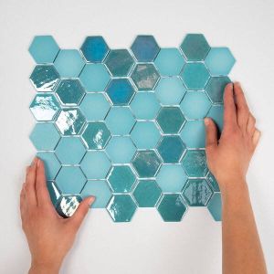 The Mosaic Factory Valencia mozaïektegel 4.3x4.9x0.5cm hexagon turquoise mat en glans voor wand en vloer en voor binnen en buiten vorstbestendig VAL125