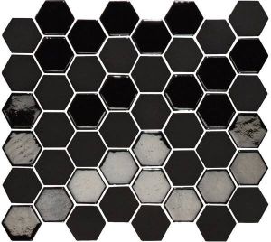 The Mosaic Factory Valencia mozaïektegel 4.3x4.9x0.5cm hexagon voor wand en vloer en voor binnen en buiten vorstbestendig mat en glossy Black VAL920