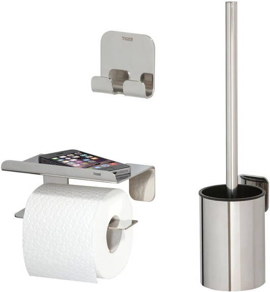 Tiger Colar Toilet Accessoireset toiletrolhouder met planchet toiletborstelhouder handdoekhaak zelfklevend gepolijst RVS 1314400302