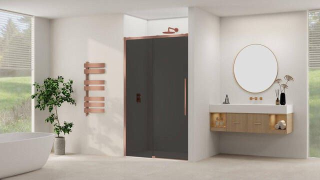 Van Rijn Products Schuifdeur aan vast deel incl. soft-close grijs rookglas incl. glasbehandeling (1350 x 1400) x 2000 Geborsteld Koper beslag ST09300140GRSC