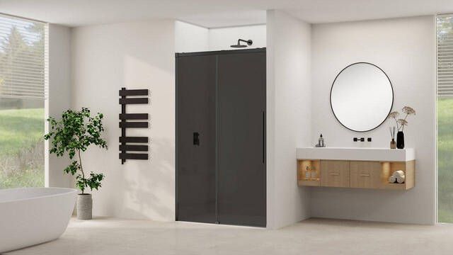 Van Rijn Products Schuifdeur aan vast deel incl. soft-close grijs rookglas incl. glasbehandeling (1350 x 1400) x 2000 Zwart beslag ST09300140GRZW
