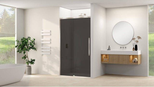 Van Rijn Products Schuifdeur aan vast deel incl. soft-close grijs rookglas incl. glasbehandeling (1550 x 1600) x 2000 Geborsteld RVS beslag ST09300160GRBN