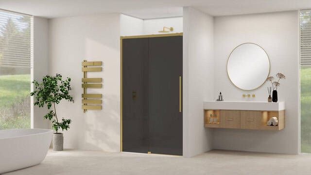 Van Rijn Products Schuifdeur aan vast deel incl. soft-close grijs rookglas incl. glasbehandeling (1750 x 1800) x 2000 Geborsteld Messing beslag ST09300180GRSB