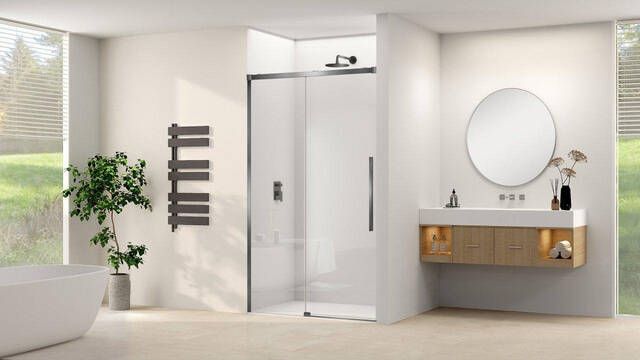 Van Rijn Products Schuifdeur aan vast deel incl. soft-close helder glas incl. glasbehandeling (1150 x 1200) x 2000 Geborsteld Gun Metal beslag en greep ST09300120HEGM