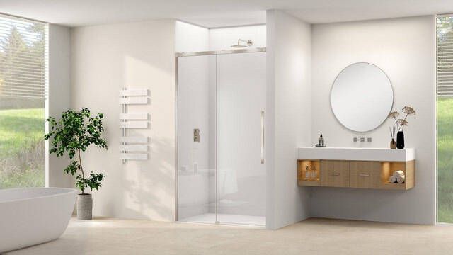 Van Rijn Products Schuifdeur aan vast deel incl. soft-close helder glas incl. glasbehandeling (1350 x 1400) x 2000 Geborsteld RVS beslag en greep ST09300140HEBN