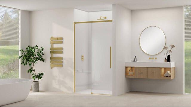 Van Rijn Products Schuifdeur aan vast deel incl. soft-close helder glas incl. glasbehandeling (1350 x 1400) x 2000 Geborsteld Messing beslag en greep ST09300140HESB