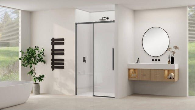 Van Rijn Products Schuifdeur aan vast deel incl. soft-close helder glas incl. glasbehandeling (1550 x 1600) x 2000 Zwart beslag en greep ST09300160HEZW