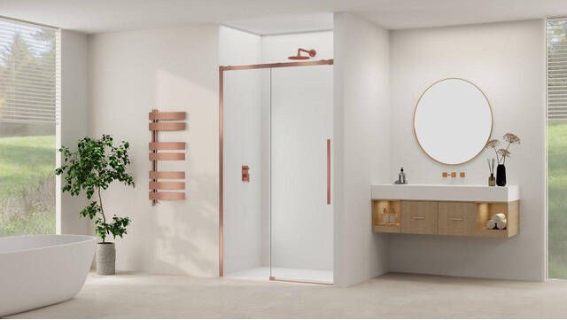 Van Rijn Products Schuifdeur aan vast deel incl. soft-close helder glas incl. glasbehandeling (1750 x 1800) x 2000 Geborsteld Koper beslag en greep ST09300180HESC