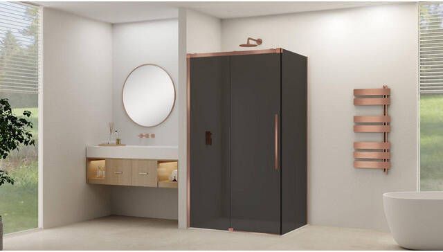 Van Rijn Products Schuifdeur voor hoekcabine incl. soft-close grijs rookglas incl. glasbehandeling (1365-1415) x 2000 Geborsteld Koper beslag en greep ST09350140GRSC