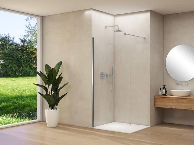 Van Rijn Products ST 01 vaste wand helder glas met glasbehandeling 117-119 cm geborsteld rvs beslag met muurprofiel en stabilisatiestang ST01500120HEBNM