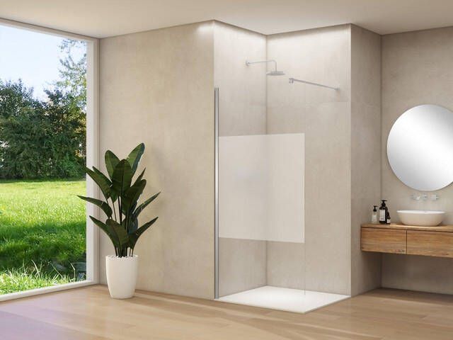 Van Rijn Products ST01 vaste wand 118x200cm helder glas met satijnbaan dikte 8mm stabilisatiestang muurprofiel Chroom ST01500120GSCHM