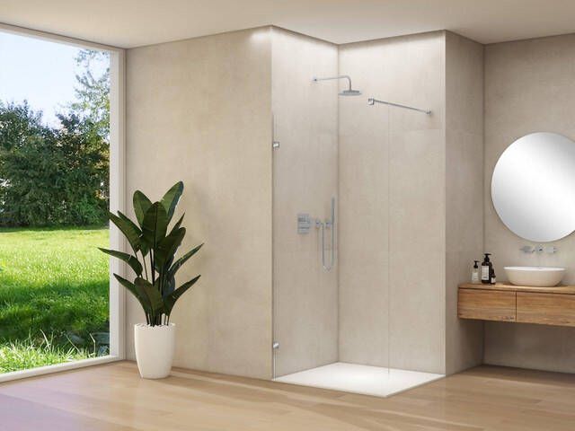 Van Rijn Products ST01 vaste wand 40x200cm helder glas met dikte 8mm stabilisatiestang muurklemmen RVS ST0150040HEBNK