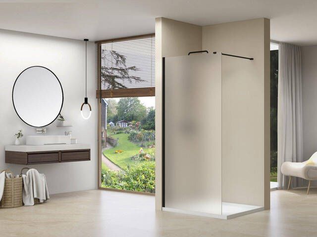 Van Rijn Products ST01 Vaste wand 8 mm gesatineerd glas 88x200cm met muurprofiel en stabilisatiestang zwart ST01ZW90PRGS