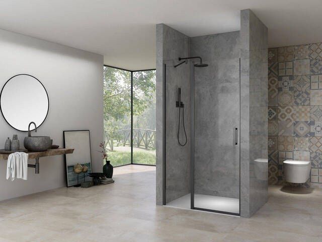 Van Rijn Products ST02 Nisdeur 80x200cm helder glas dikte 6mm met vast deel incl. glasbehandeling zwart mat ST02LP30080ZW