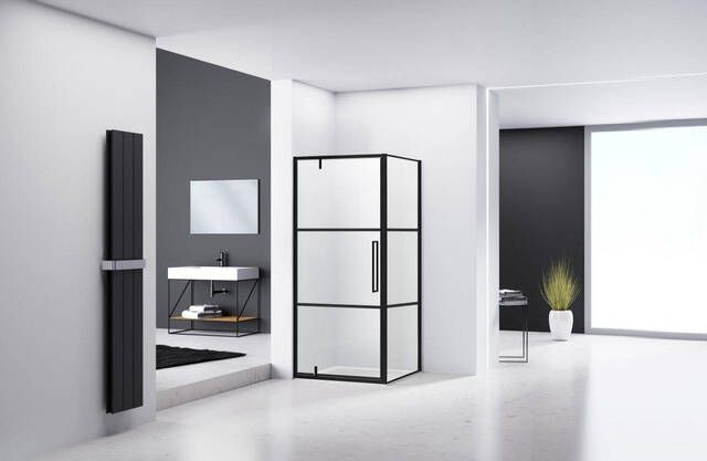 Van Rijn Products ST04 Hoekcabine zwart incl. glasbehandeling 6mm glas 2 lijnen zeefdruk L R draaiend (deur: 88 89) x (wand: 98 99) x 200 ST0415090100