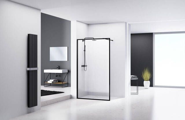 Van Rijn vaste wand 200 cm x 117-119 cm 8 mm helder glas inclusief stabilisatiestang zwart aluminium profiel
