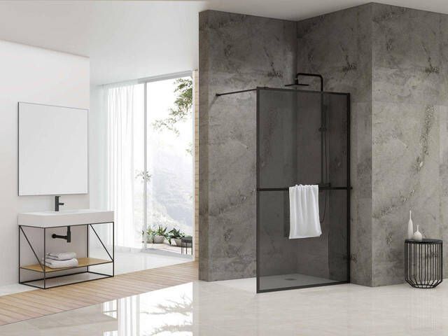 Van Rijn Products ST04 Vaste wand 119.5x200cm rookglas dikte 8mm incl. stabilisatiestang incl. handdoekhouder zwart mat ST04120KPHGR