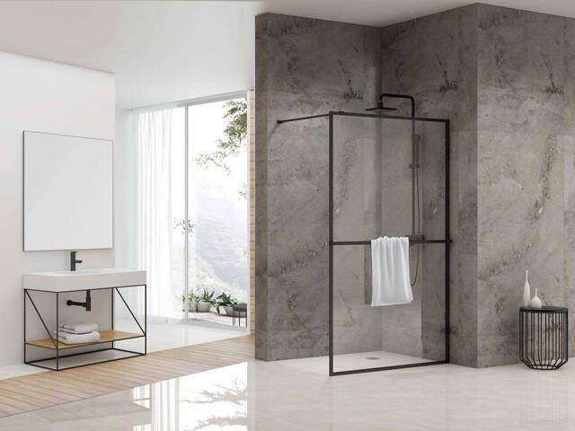 Van Rijn Products ST04 Vaste wand 89.5x200cm helder glas dikte 8mm incl. stabilisatiestang incl. handdoekhouder zwart mat ST0490KPH
