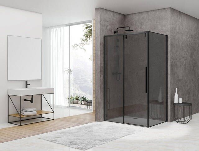 Van Rijn Products ST06 Softclose schuifdeur 118.5x200cm rookglas dikte 8mm tbv hoekcabine incl. greep zwart ST06350120ZWGR