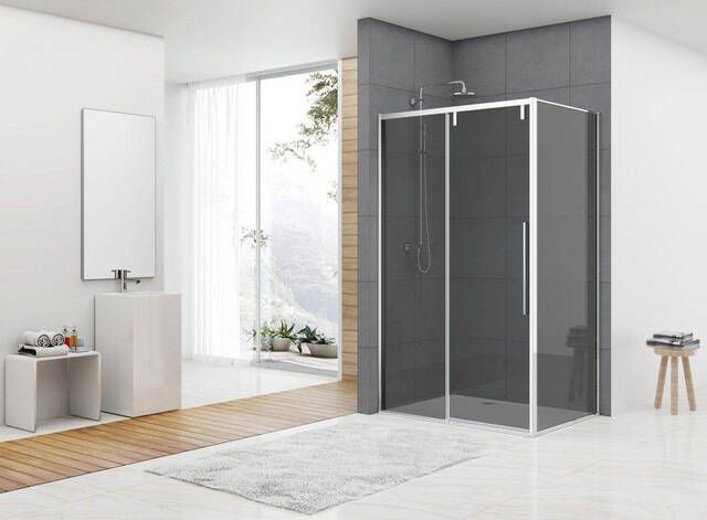 Van Rijn Products ST06 Softclose schuifdeur 118.5x200cm rookglas dikte 8mm tbv hoekcabine incl. greep chroom ST06350120GR