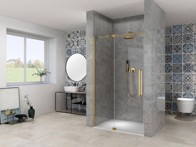 Van Rijn Products ST08 Nis draaideur 100x200cm helder glas dikte 8mm 2 delig muurprofiel stabilisatiestang Messing ST08300100HESB
