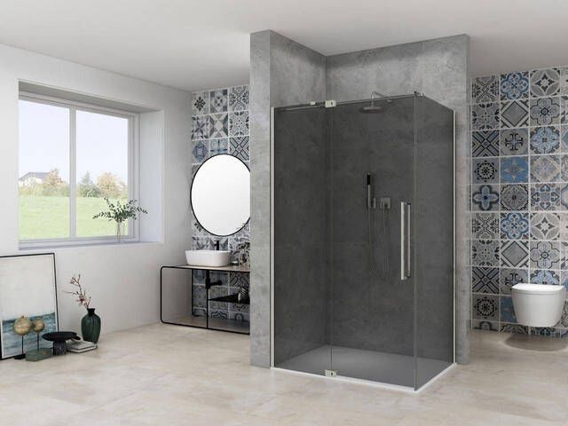 Van Rijn Products ST08 Nis Draaideur 120x200cm grijs rookglas dikte 8mm 2 delig muurprofiel stabilisatiestang RVS ST08300120GRBN