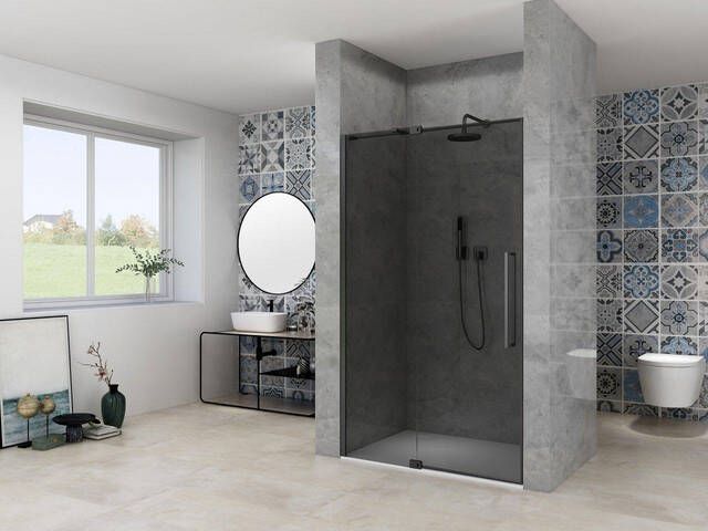 Van Rijn Products ST08 Nis Draaideur 130x200cm grijs rookglas dikte 8mm 2 delig muurprofiel stabilisatiestang Zwart ST08300130GRZW