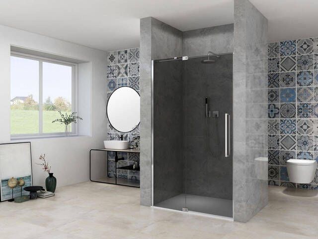 Van Rijn Products ST08 Nis Draaideur 140x200cm grijs rookglas dikte 8mm 2 delig muurprofiel stabilisatiestang Chroom ST08300140GRCH