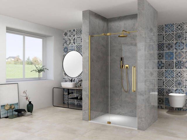 Van Rijn Products ST08 Nis draaideur 140x200cm helder glas dikte 8mm 2 delig muurprofiel stabilisatiestang Messing ST08300140HESB