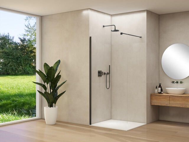 Van Rijn Products ST01 vaste wand 78x200cm helder glas dikte 8mm stabilisatiestang muurprofiel zwart ST0150080HEZWM