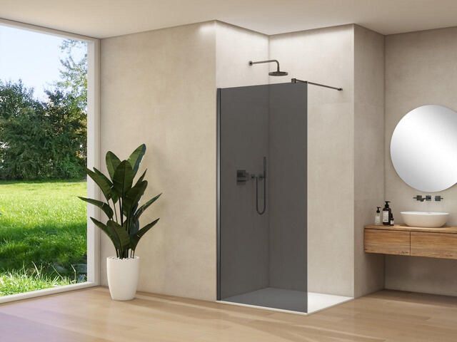 Van Rijn Products ST01 vaste wand 98x200cm grijs rookglas dikte 8mm stabilisatiestang muurprofiel Gunmetal Geborsteld ST01500100GRGMM