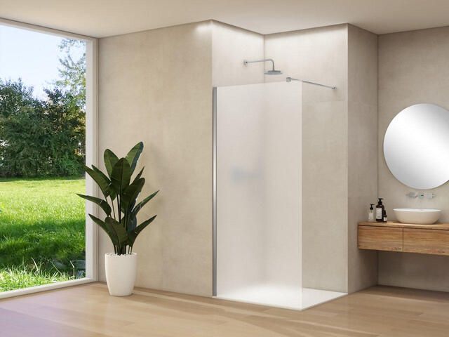 Van Rijn Products ST01 vaste wand 88x200cm satijnglas dikte 8mm stabilisatiestang muurprofiel RVS Geborsteld ST0150090PRGSBNM