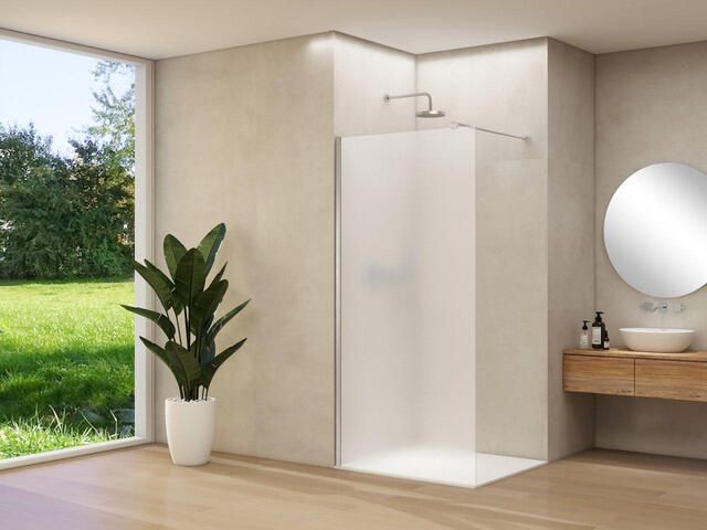 Van Rijn Products ST01 vaste wand 88x200cm satijnglas dikte 8mm stabilisatiestang muurprofiel Chroom ST0150090PRGSCHM