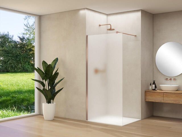 Van Rijn Products ST01 vaste wand 88x200cm satijnglas dikte 8mm stabilisatiestang muurprofiel Koper Geborsteld ST0150090PRGSSCM